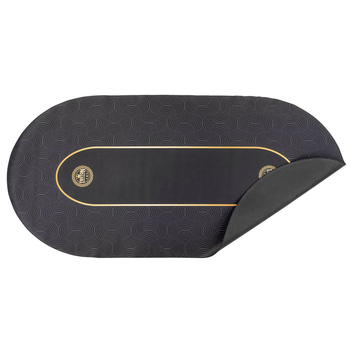 Black seat cover with gold accents and patterns on a white background