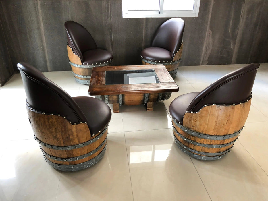 Wine Barrel Coffee Table Set with 4 Chairs - Rustic Whiskey Barrel Furniture Set - Handmade Solid Oak -