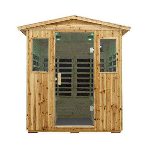Wooden sauna with glass doors on a white background