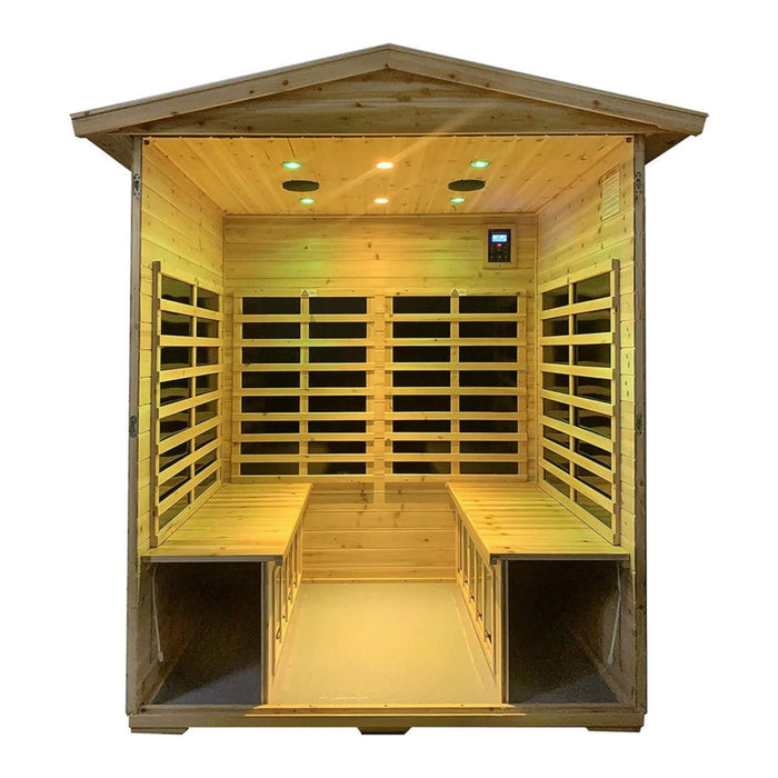 Wooden sauna with benches and interior lights on a white background