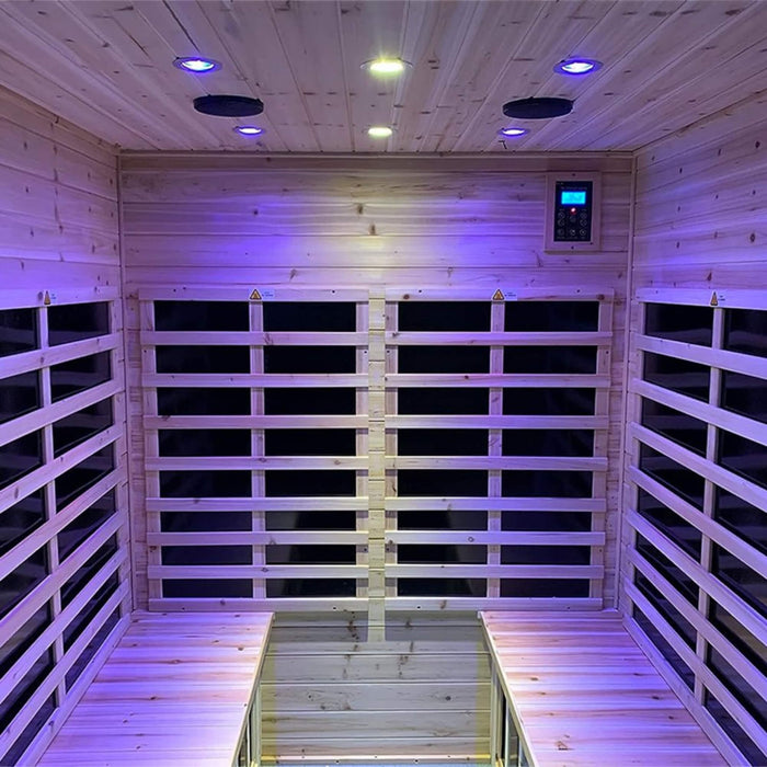 Infrared sauna with wooden interior and LED lights on the ceiling.