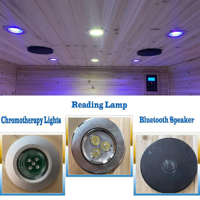 Indoor sauna with ceiling lights and a Bluetooth speaker, featuring close-ups of a reading lamp and chromotherapy light.