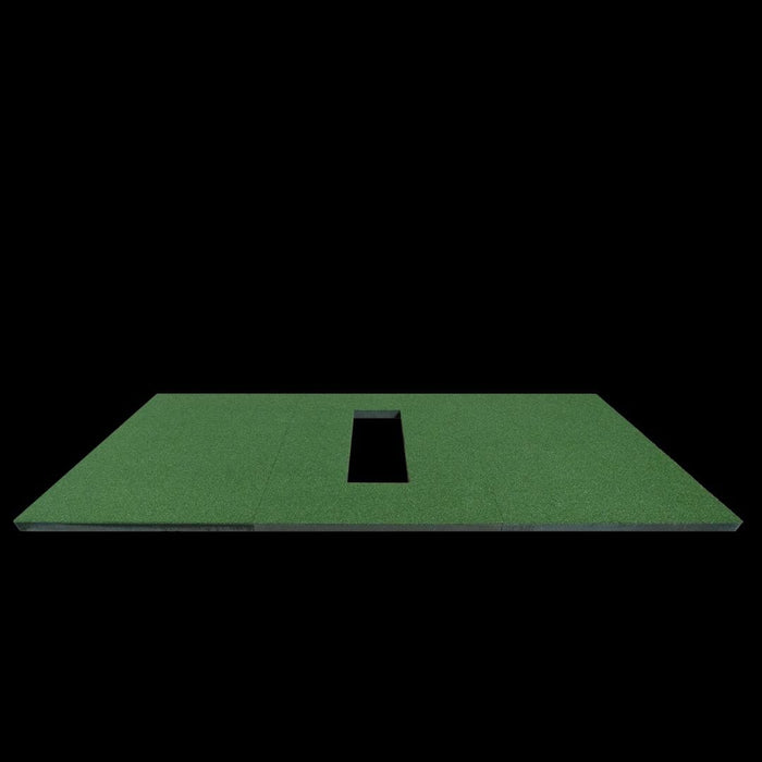 Green golf mat with a central hole on a black background