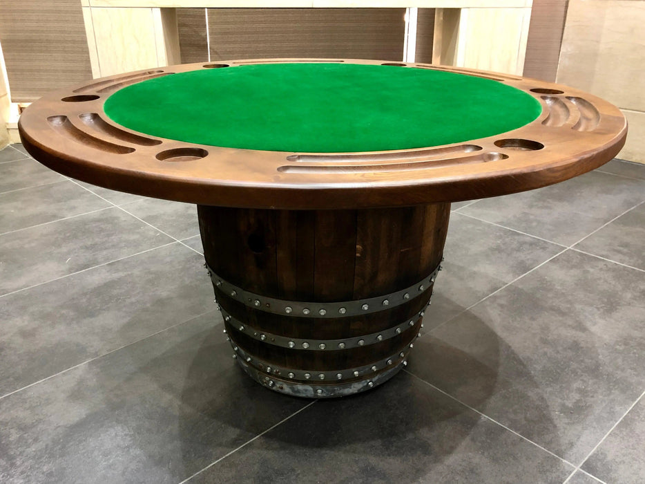 Wooden poker table with green felt surface on a tiled floor
