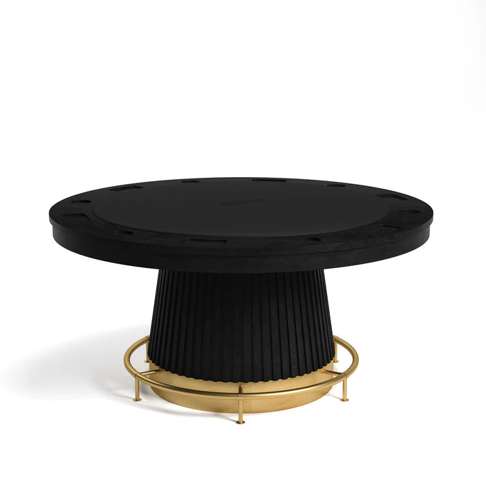 Black round coffee table with a gold metal base on a white background