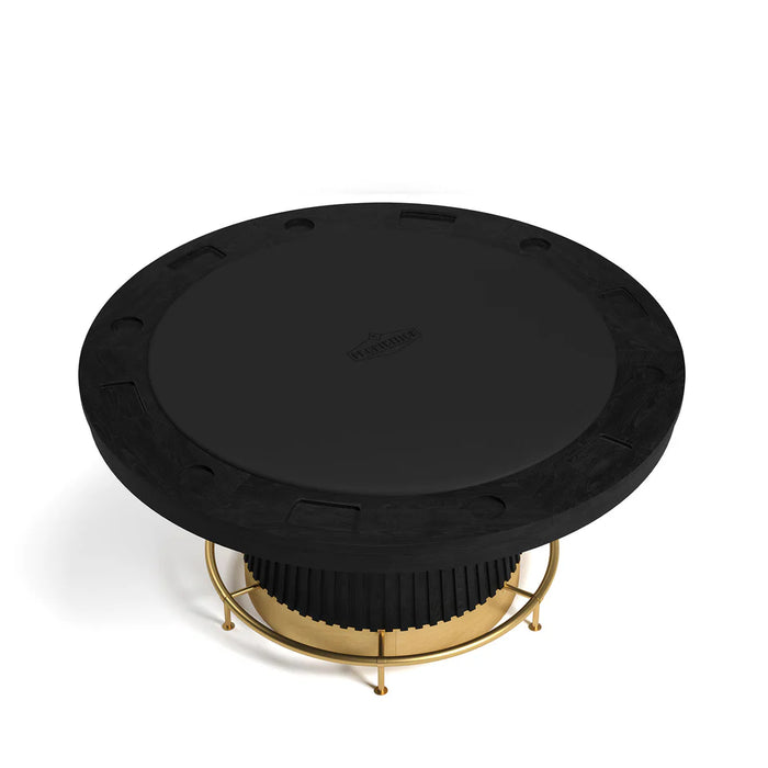 Black round poker table with gold base on a white background