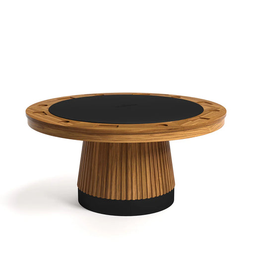 Wooden table with a black circular top on a white background