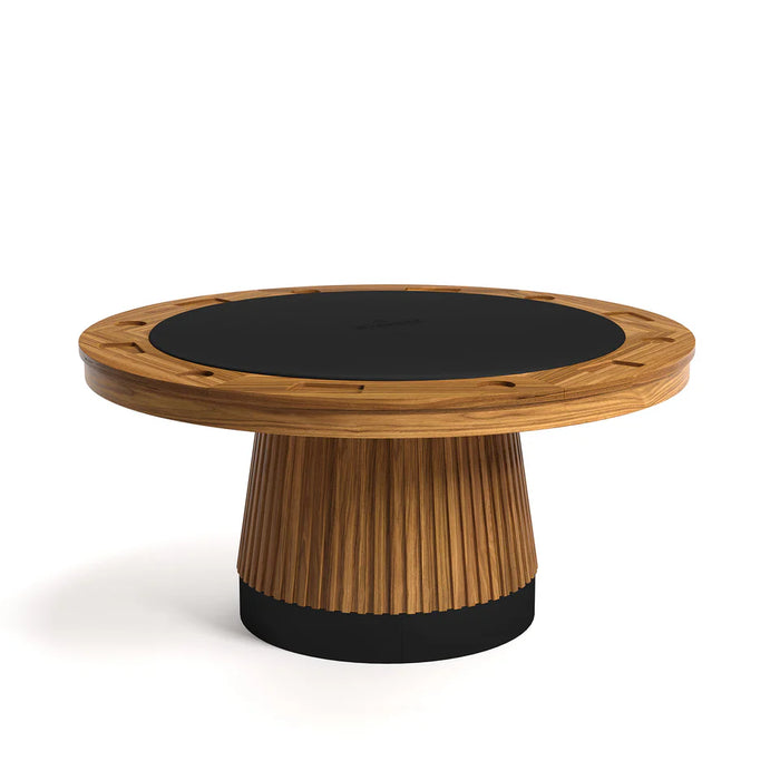 Wooden table with a black circular top on a white background
