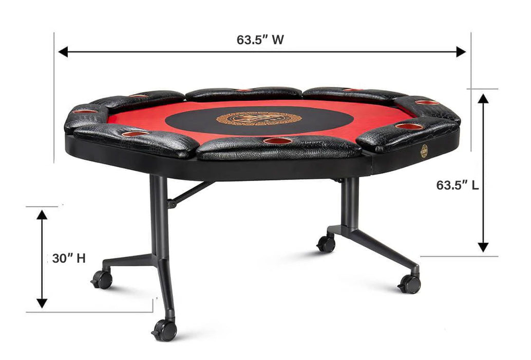 Folding poker table with dimensions labeled on a white background