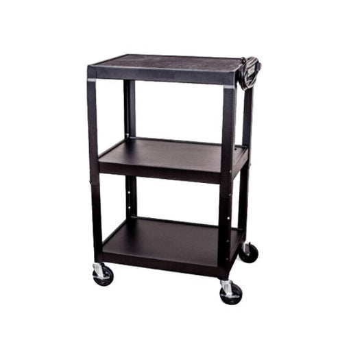 Black three-tier rolling cart on a white background