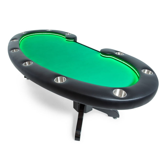 Poker table with green playing surface and black edges on a white background