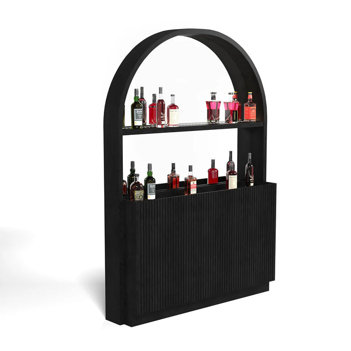 Black arch-shaped bar cart with bottles on a white background