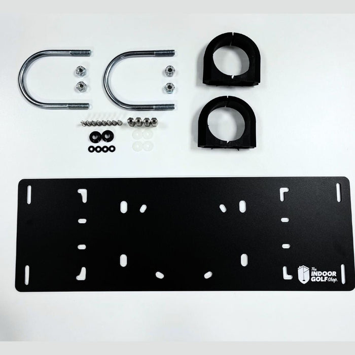 Set of black metal components and hardware on a white background