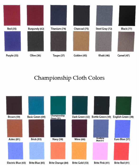 Color swatches for championship cloth with corresponding numbers