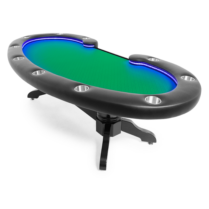 Poker table with green playing surface and black frame on a white background