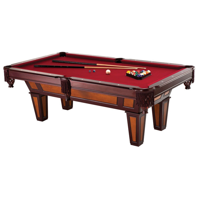 Billiard table with red felt surface and pool balls on a white background