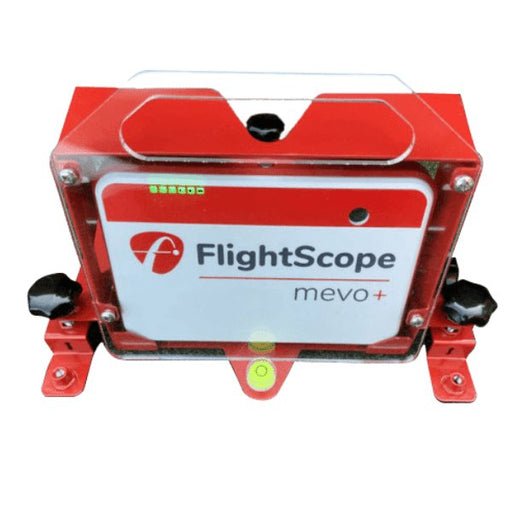 Red and white device with 'FlightScope mevo+' branding on a white background