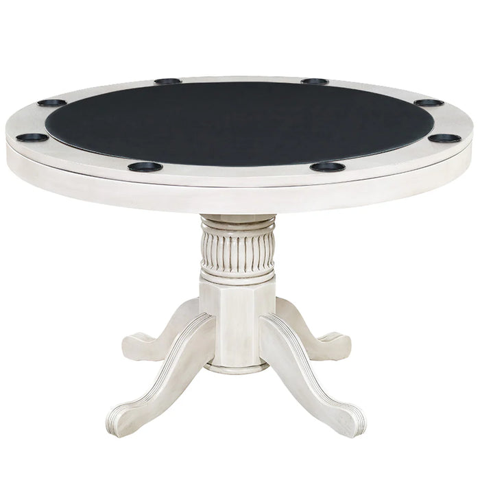 Round poker table with black playing surface and white base on a white background