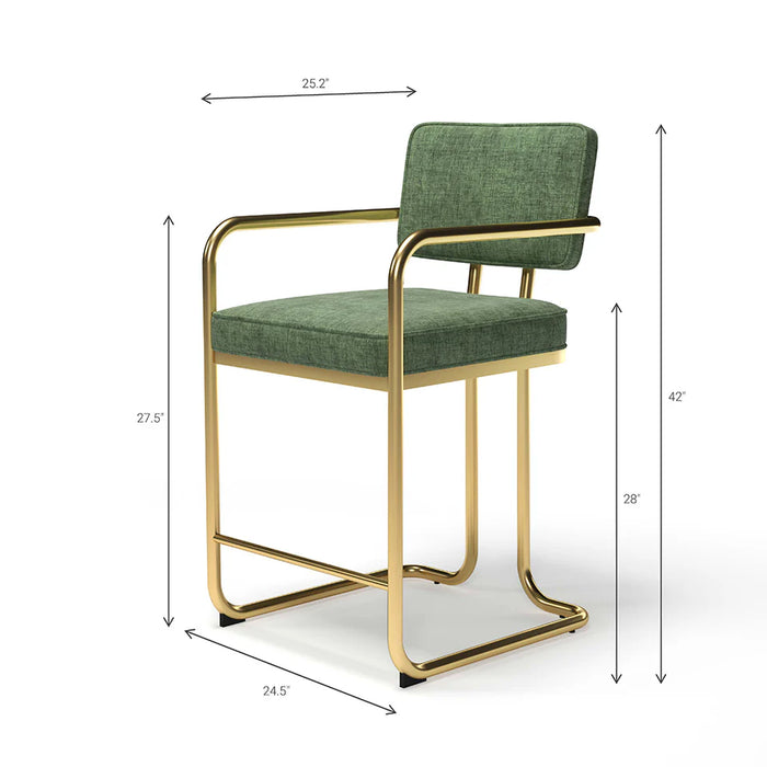 Green chair with gold frame and dimensions on a white background