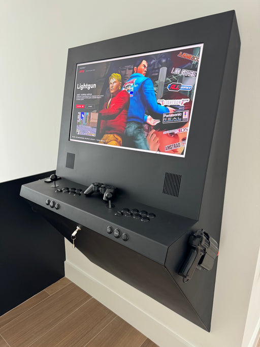 Wall-mounted gaming console with screen displaying a game interface.