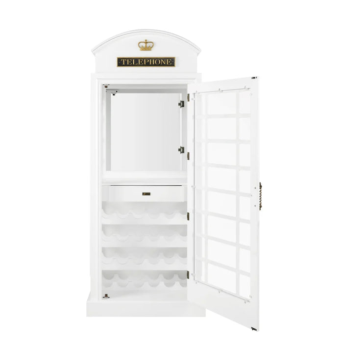 White phone booth cabinet with open doors on a white background