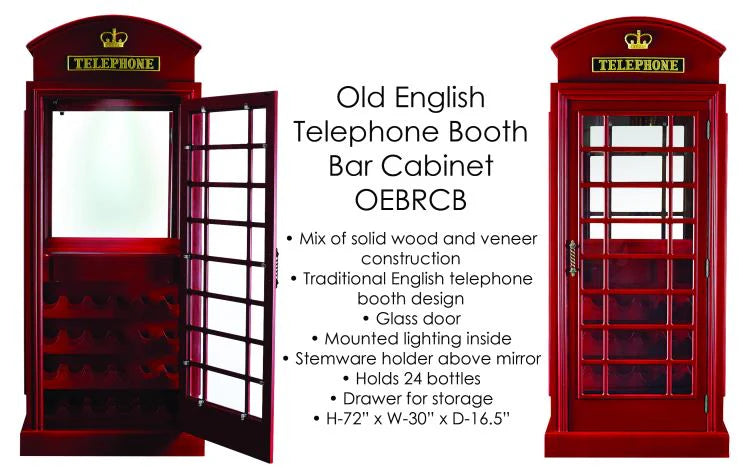 Red telephone booth bar cabinet with glass door and wooden interior, featuring text about its features.