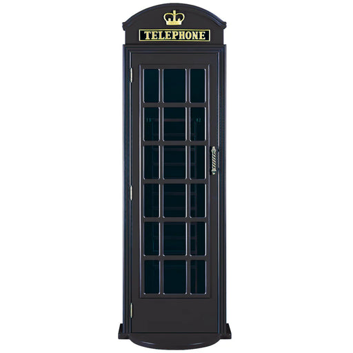 Black telephone booth with glass panels on a white background
