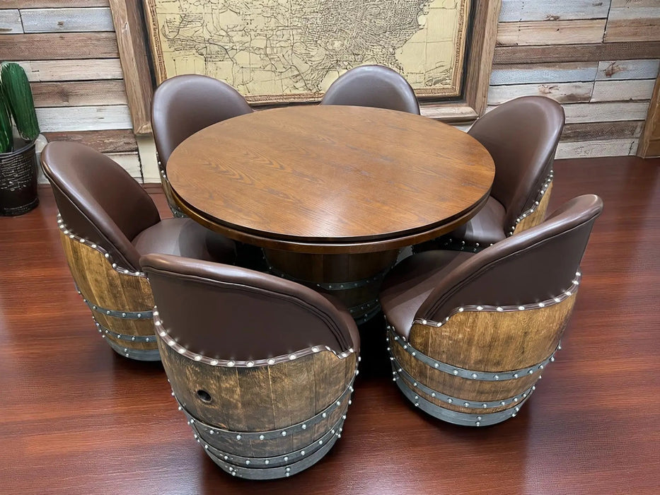 Wooden table with barrel-shaped chairs in a rustic setting