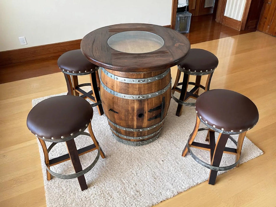 Table Top with Glass Center for Whiskey or Wine Barrel, Reclaimed Rustic, Elegant Style, Hand Wire Brushed Solid Wood -