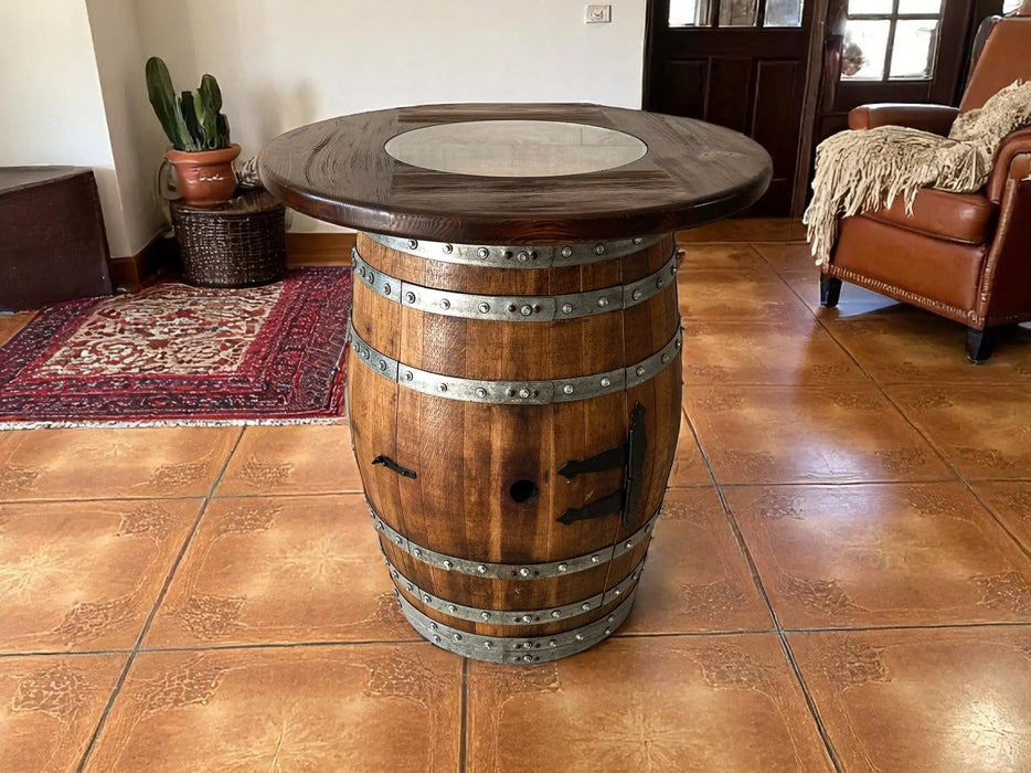 Wooden barrel table in a room with a rug and chair.