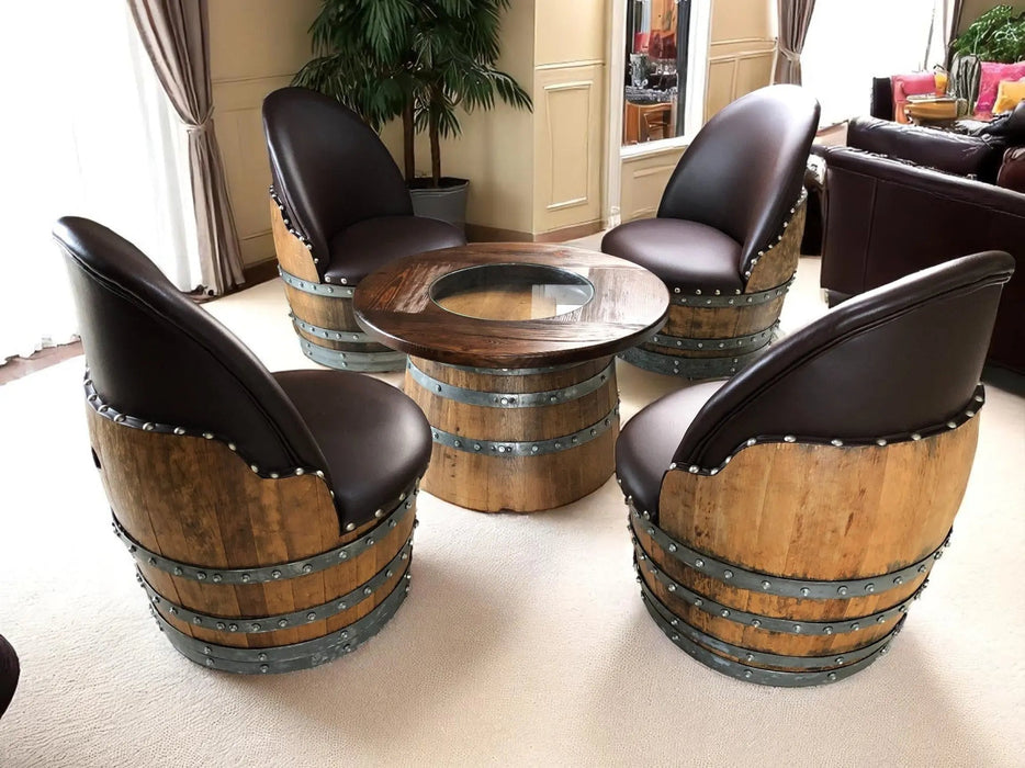 Wine Barrel Full Round Coffee Table Set with 4 Chairs - Rustic Whiskey Barrel Furniture Set - Handmade Solid Oak -