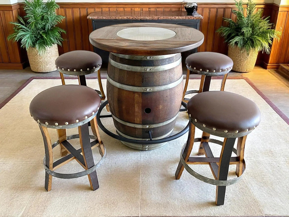 Barrel table with four stools in a room with wooden paneling and plants.
