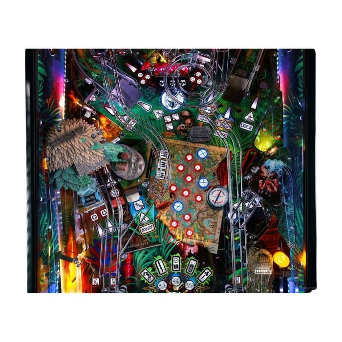 Colorful pinball machine with various elements and lights on a white background