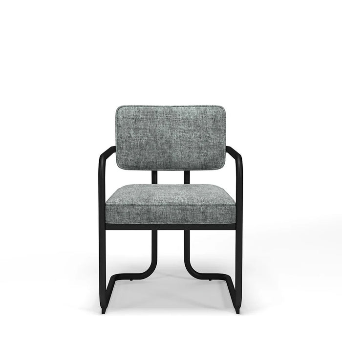 Gray upholstered chair with black metal frame on a white background