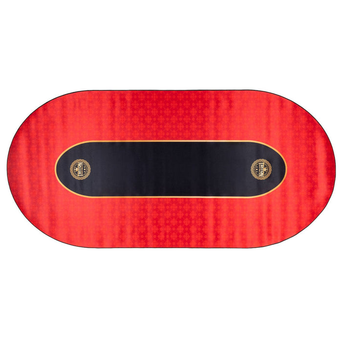 Red oval placemat with black center and gold accents on a white background