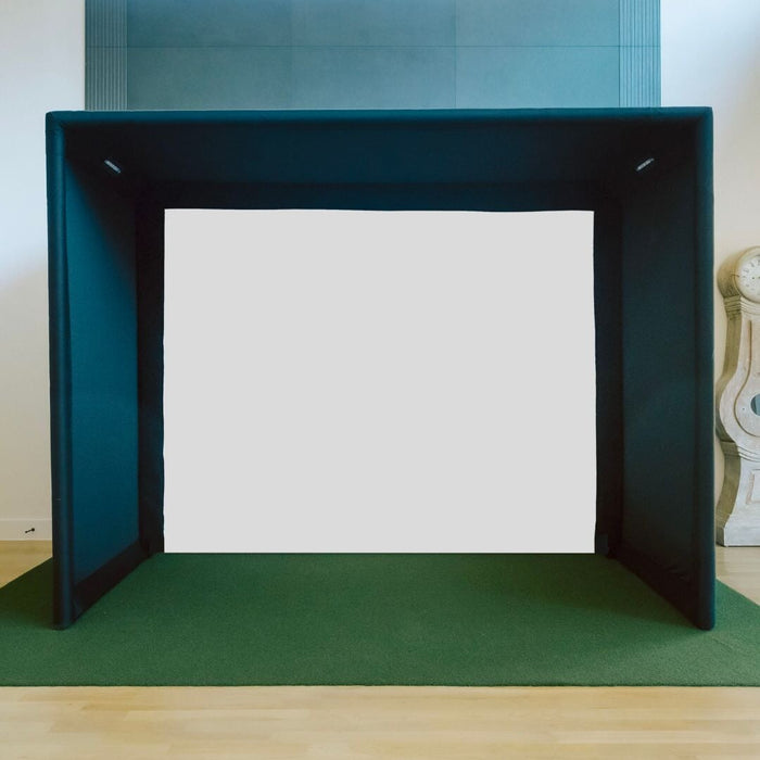 Front view of Golf Simulator booth with white screen and black surround