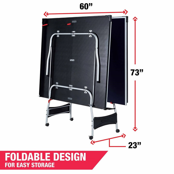 Foldable table tennis table with dimensions labeled on a white background