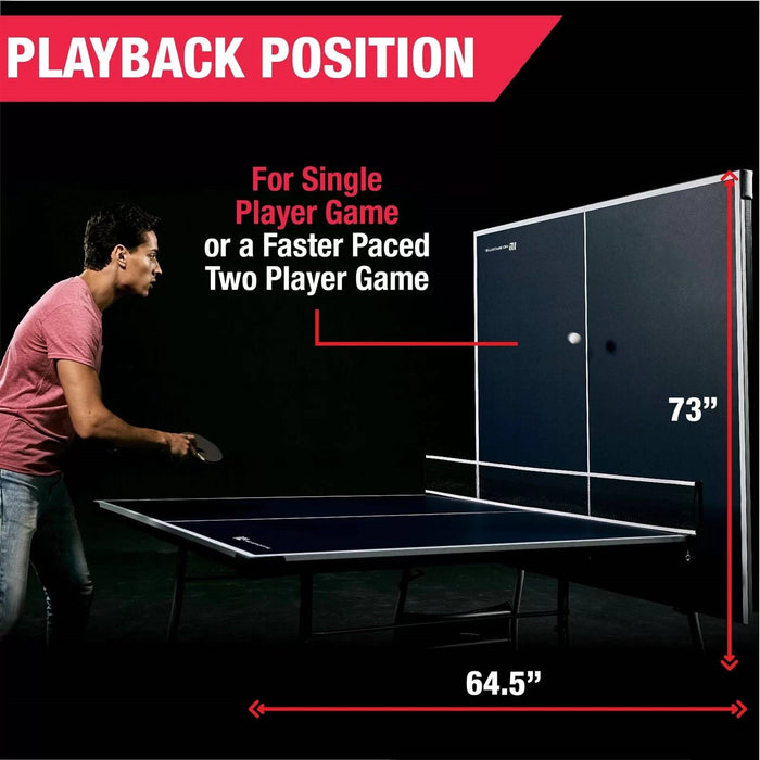 Person playing ping pong with a table and measurement details on a black background