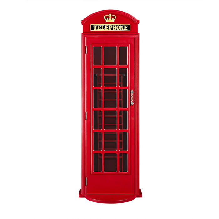 Red telephone booth with glass panels on a white background