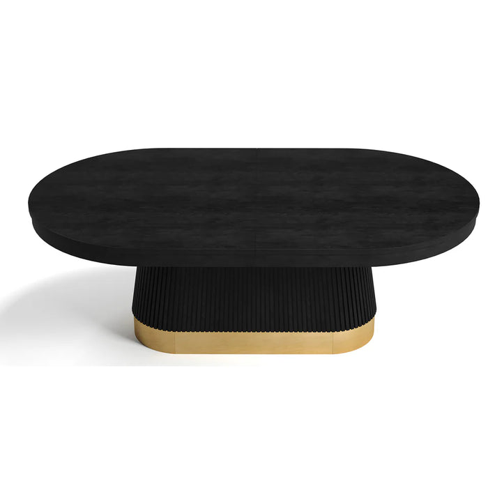 Black Oval table with a gold base on a white background