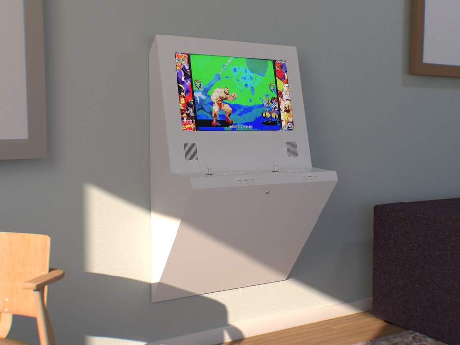 Small CRT television mounted on a wall displaying a colorful game.