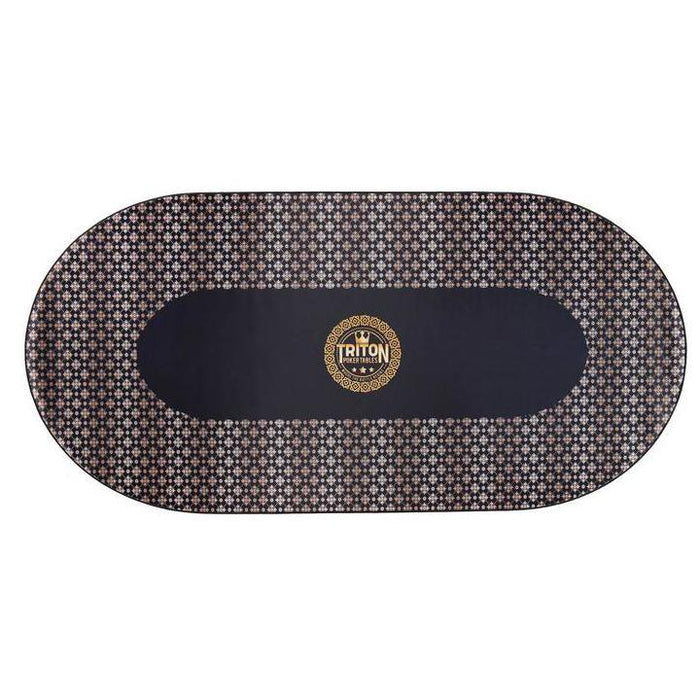 Oval-shaped mat with a patterned border and central logo on a white background