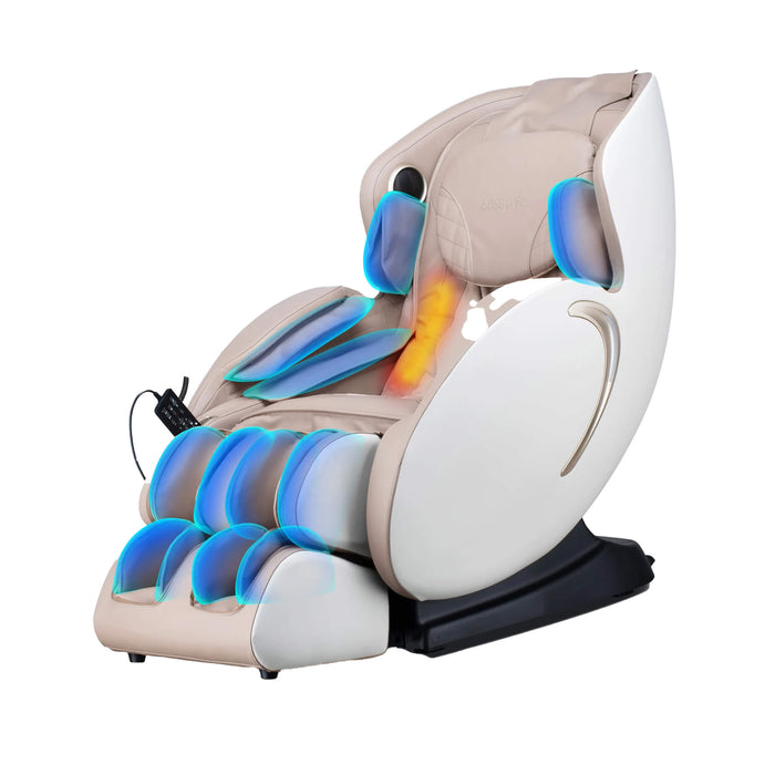 Beige massage chair with blue LED lights on a white background