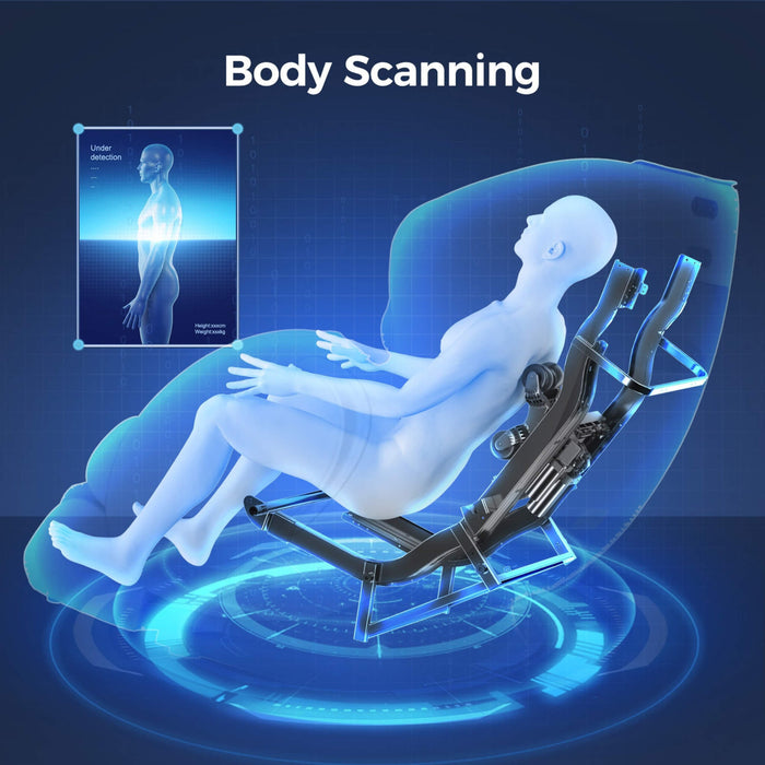 Body scanning technology with a person lying on a chair and digital interface showing body scan results.