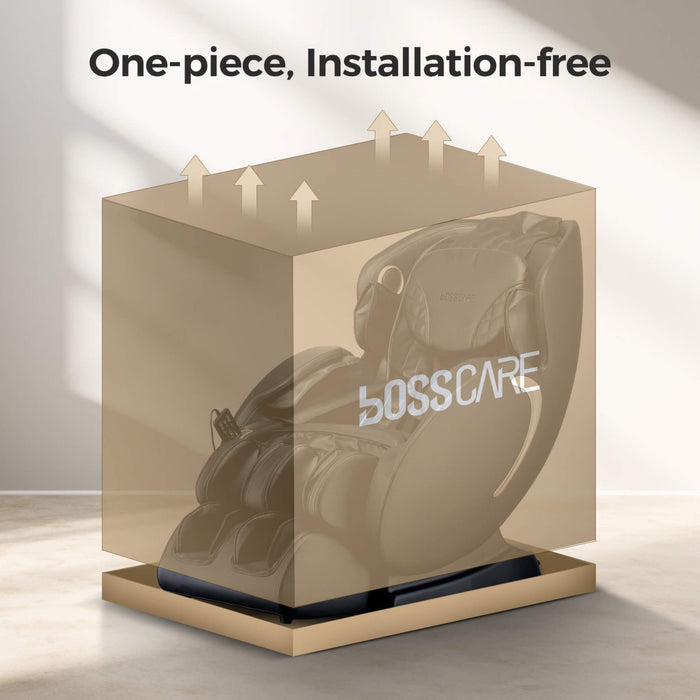 Massage chair in a clear box with 'BOSSCARE' branding, labeled 'One-piece, Installation-free'.