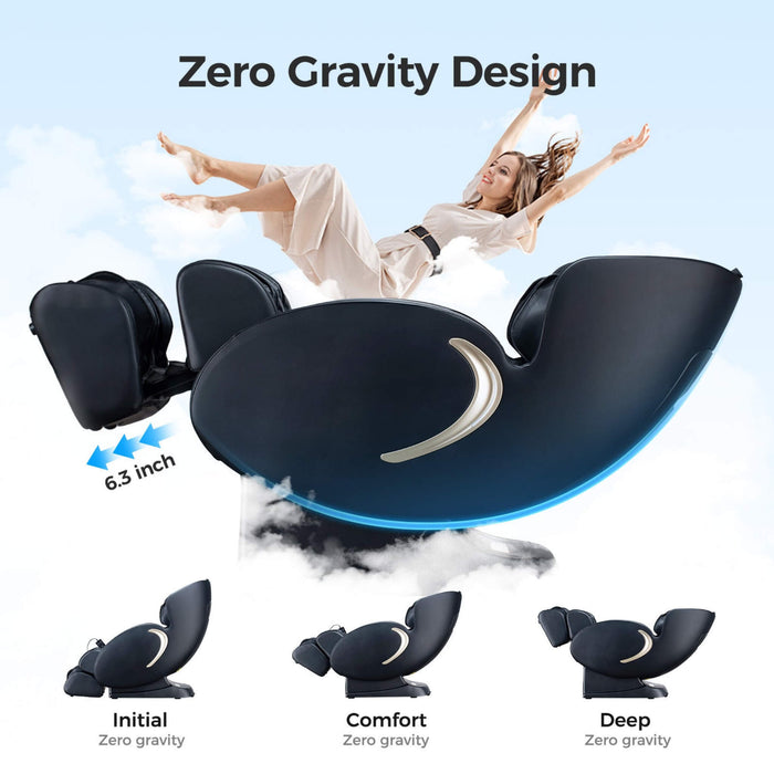 Zero gravity design massage chair with a woman relaxing on it against a light blue background.