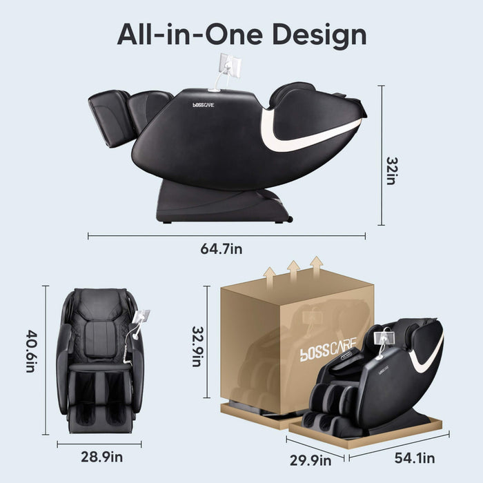 Massage chair with dimensions and packaging on a light gray background
