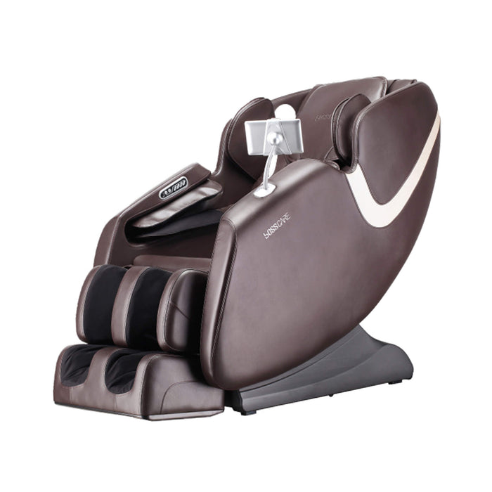 Brown massage chair with visible brand logo on a white background