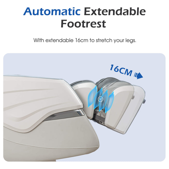 Automatic extendable footrest with text indicating extendable length on a light blue background
