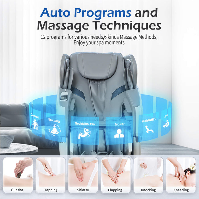 Massage chair with massage techniques displayed on a white background